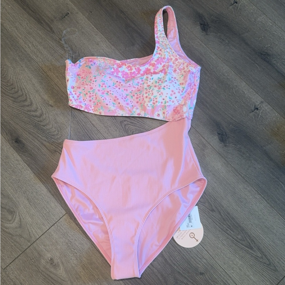 Pink Floral One-Shoulder Women Swim One Piece by Power 2 Flower